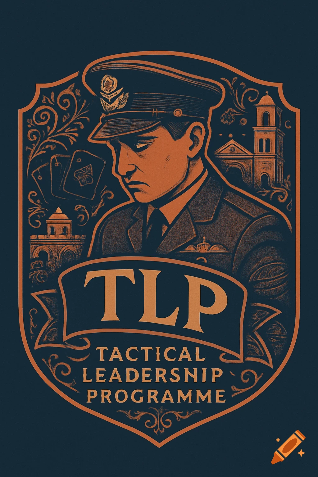 Vintage illustration logo featuring a sad RAF officer, playing cards, buildings, and text 'TLP TACTICAL LEADERSHIP PROGRAMME' on a shield.