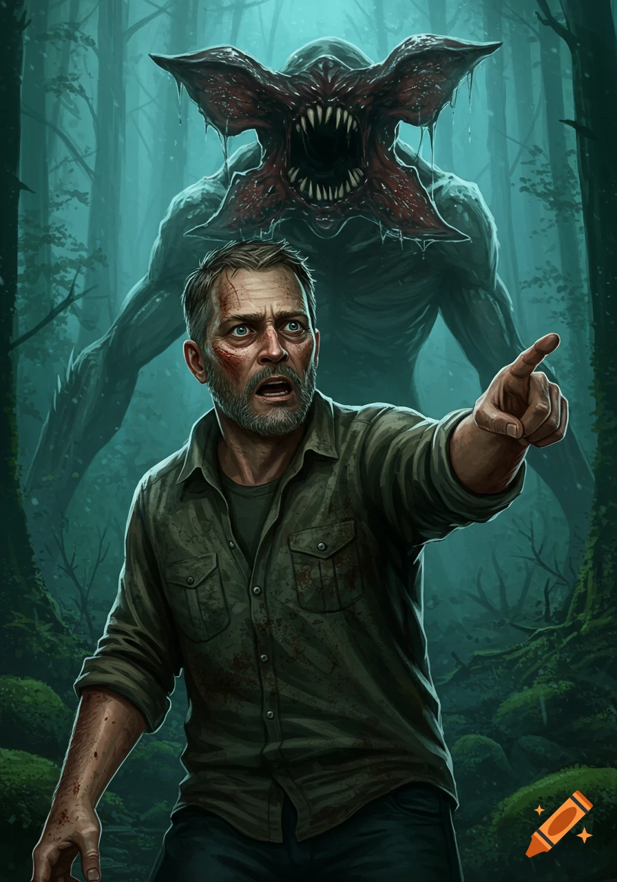 A terrified man with a beard and bloody shirt points in a dark forest, as a monstrous Demogorgon looms behind him. Digital art.