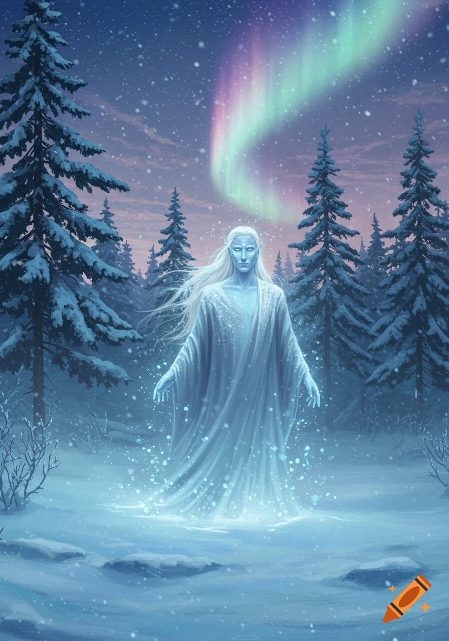 A luminous ice spirit with long white hair stands in a snowy forest under a vibrant aurora borealis.
