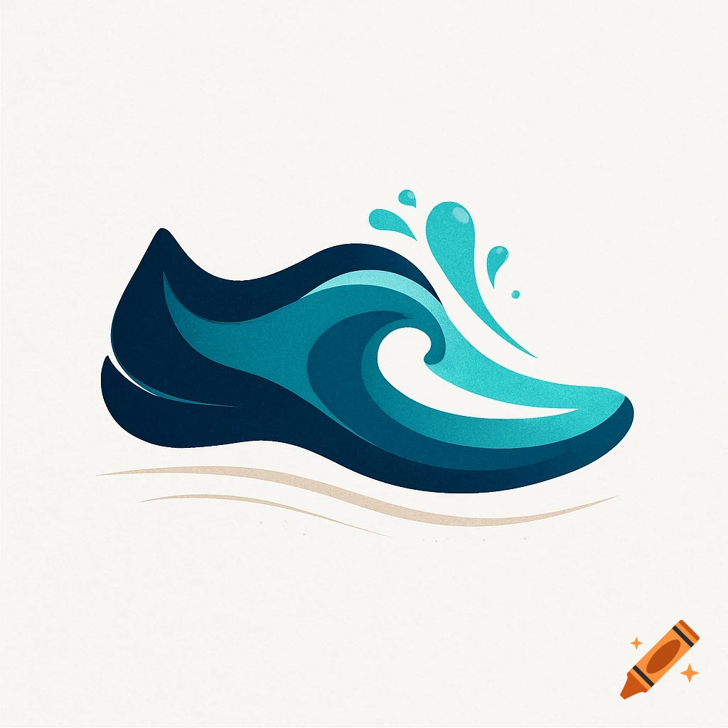 Stylized logo of a dark blue and teal wave forming a shoe with water splashes, on a light background.
