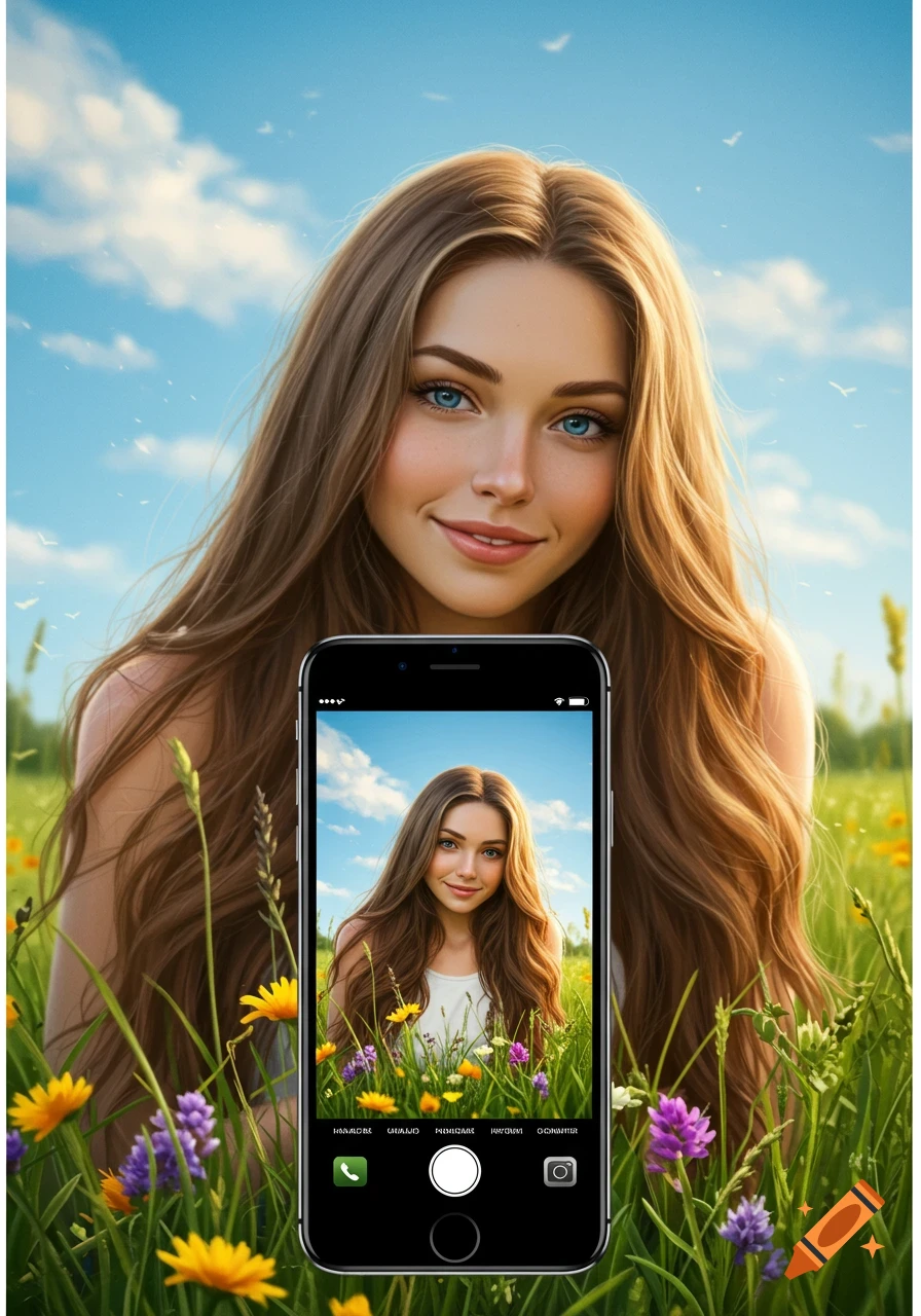 A smiling young woman with long brown hair and blue eyes in a flower field under a blue sky. An iPhone in the foreground displays the same woman in a similar setting.