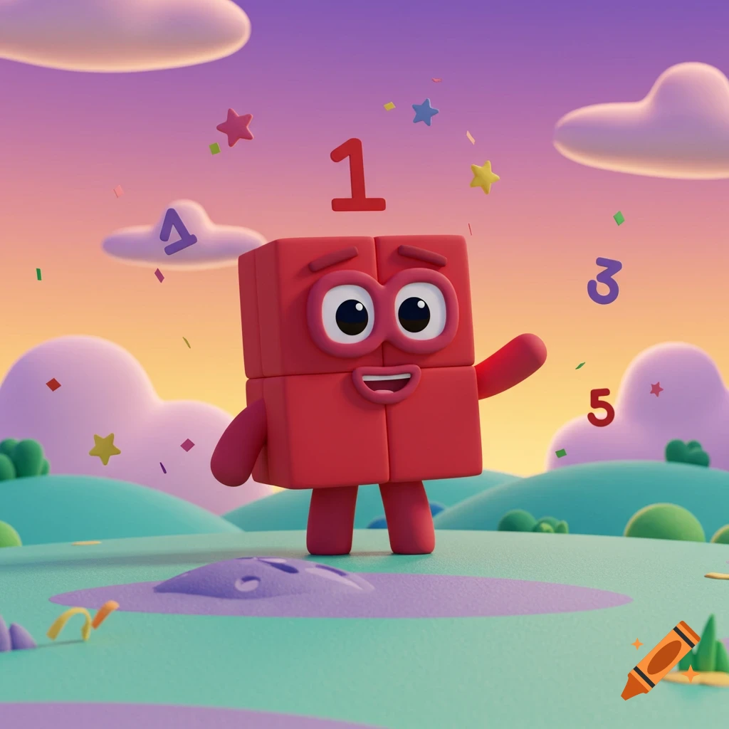 A red square Numberblock character with big eyes and a smile waves its arm, with numbers 1, 3, 4, 5 and confetti floating in a colorful sky over green hills.