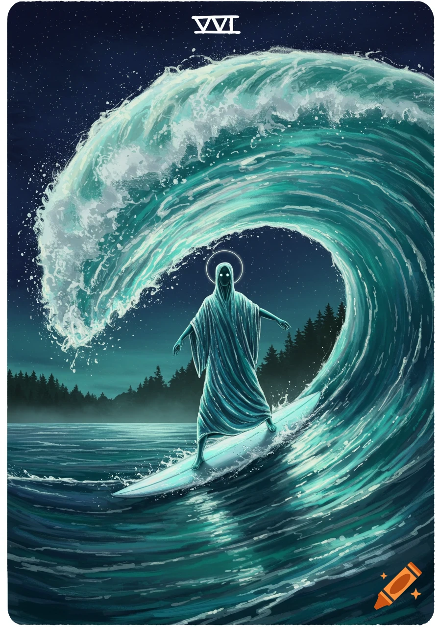 A surreal tarot card features a hooded, robed figure with glowing eyes surfing a huge teal wave at night under a starry sky.