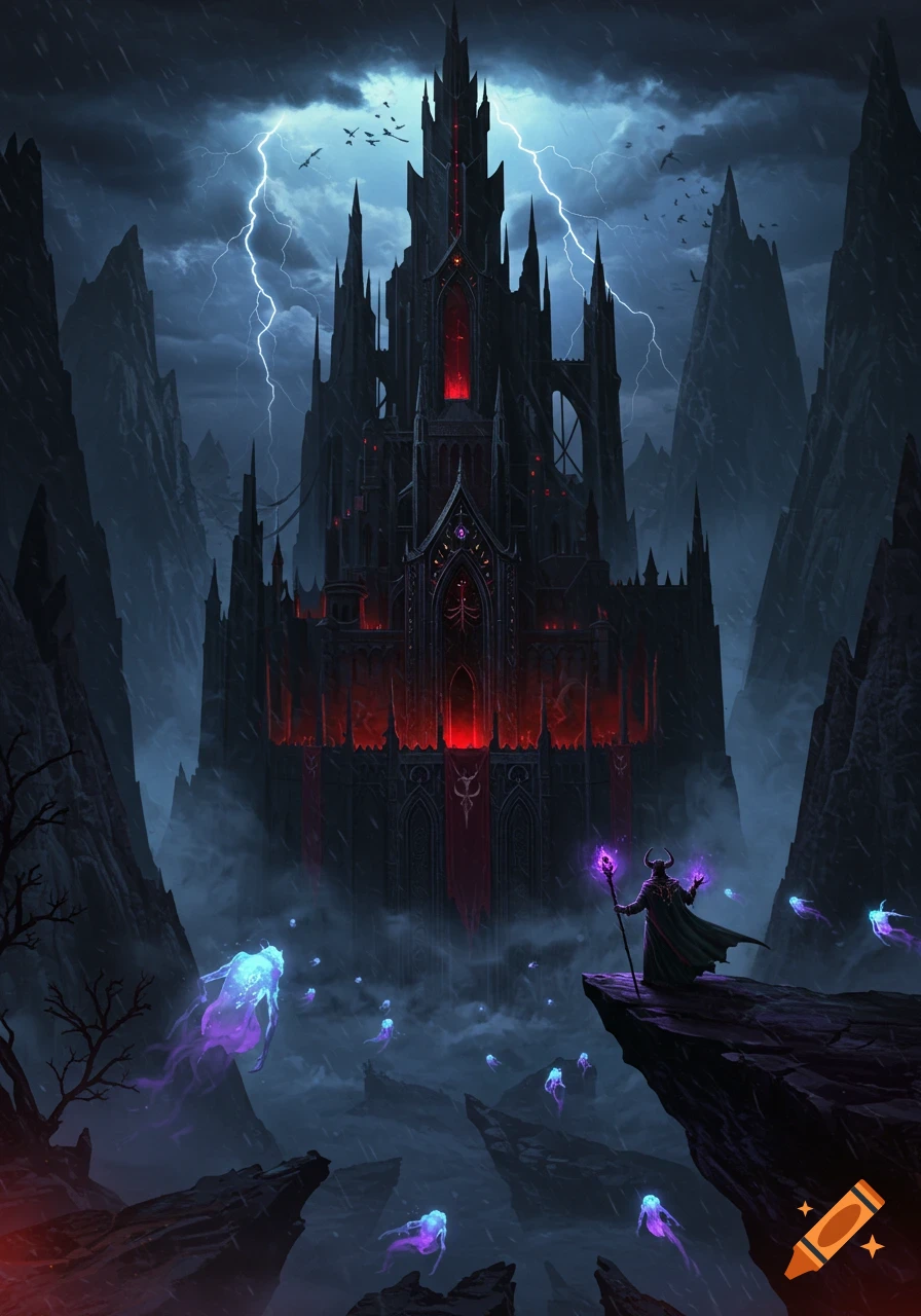 Dark gothic castle with red glowing windows under a stormy sky with lightning. A horned sorcerer casts purple magic on a cliff, surrounded by glowing spirits.