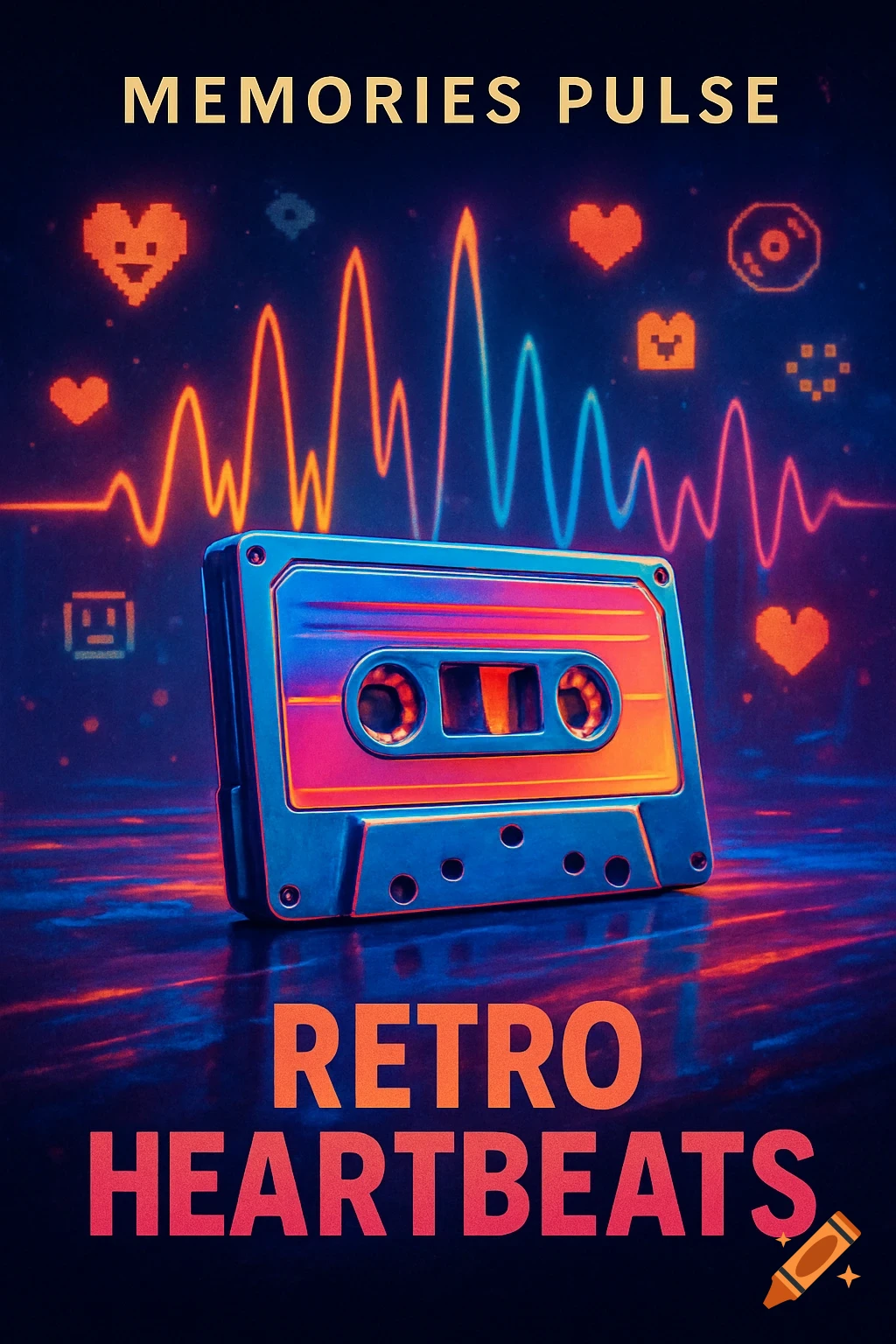 Vibrant retro art with a cassette tape, neon sound waves, pixel hearts, and text 'Memories Pulse' and 'Retro Heartbeats'.