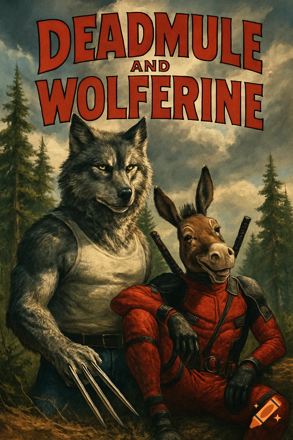 A movie poster titled 'DEADMULE AND WOLFERINE' features an anthropomorphic wolf as Wolverine and a mule as Deadpool in a forest.