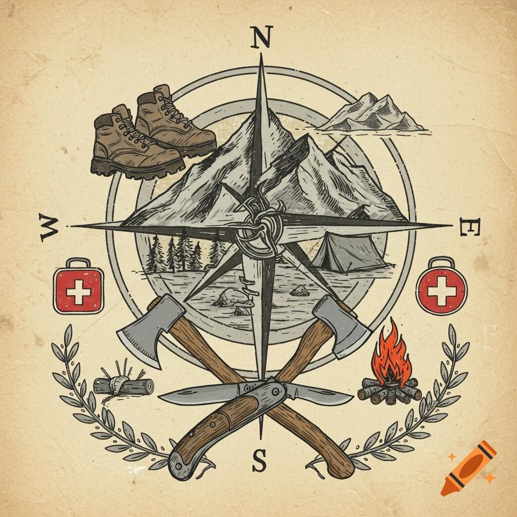 Vintage illustration of an old style compass rose with mountains, tent, fire, boots, axes, knife, and first aid kits, surrounded by laurels.