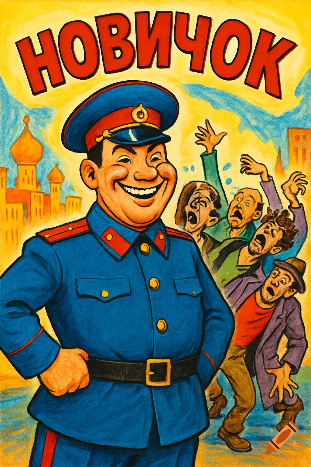 Colorful cartoon poster of a smiling Russian policeman with terrified people behind him, red text 'НОВИЧОК' above.