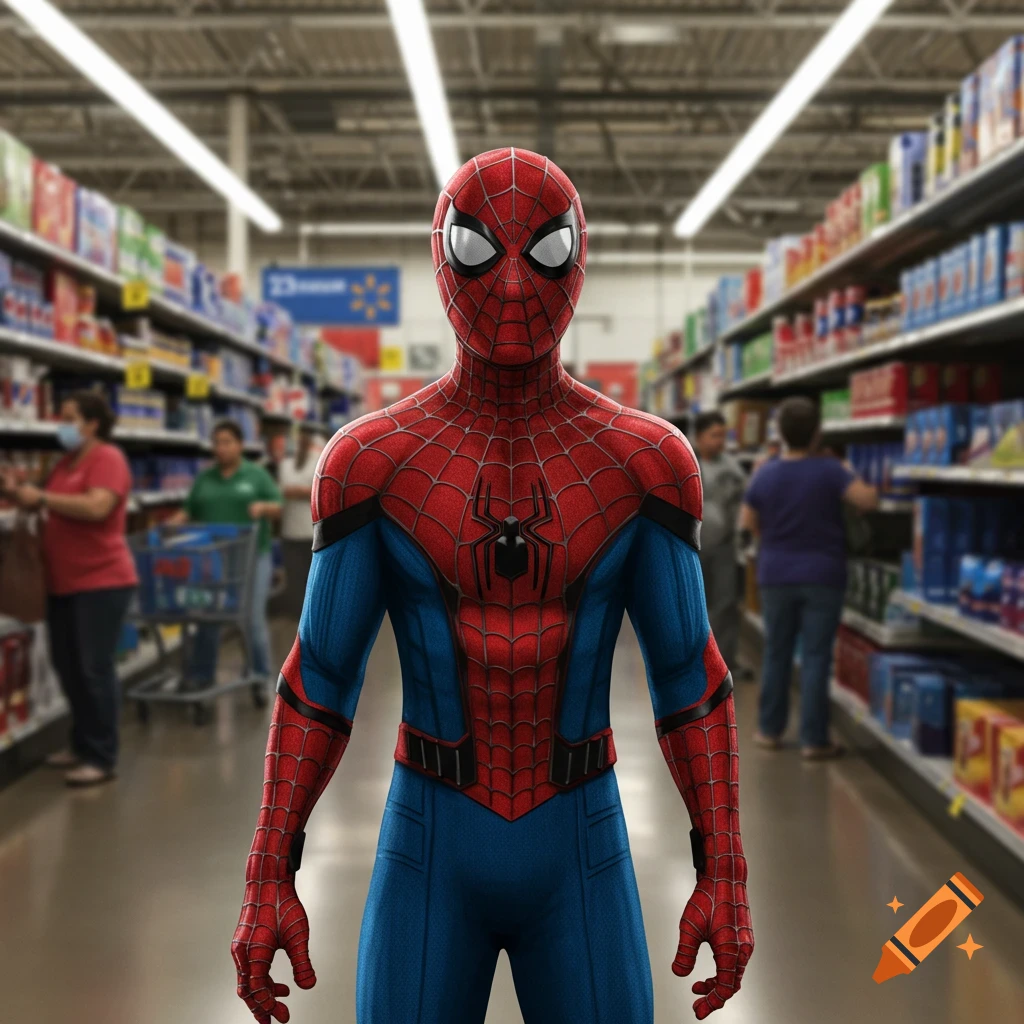 Photorealistic Spider-Man standing in the middle of a blurry supermarket aisle, facing forward.