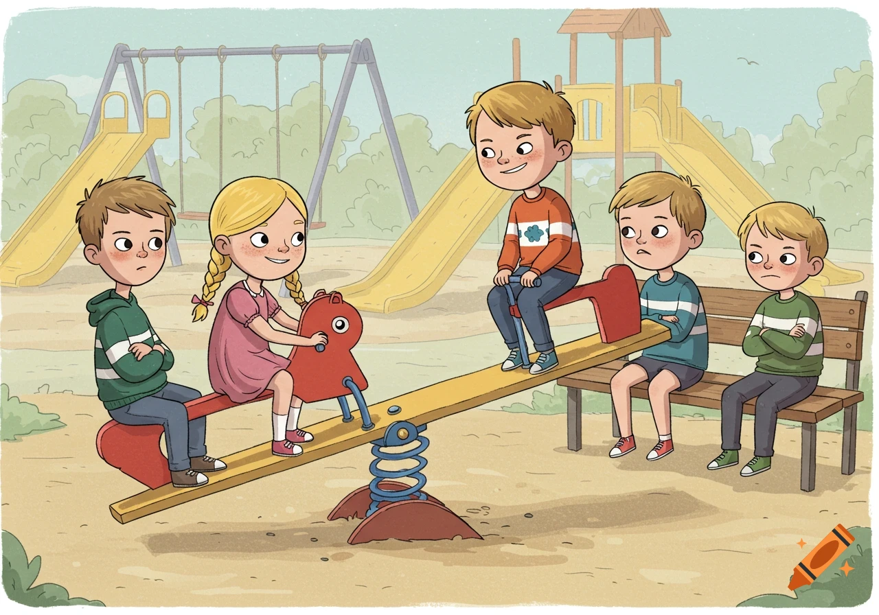 Four cartoon children on a playground; a girl and boy on a seesaw, two boys sitting on a bench looking displeased.
