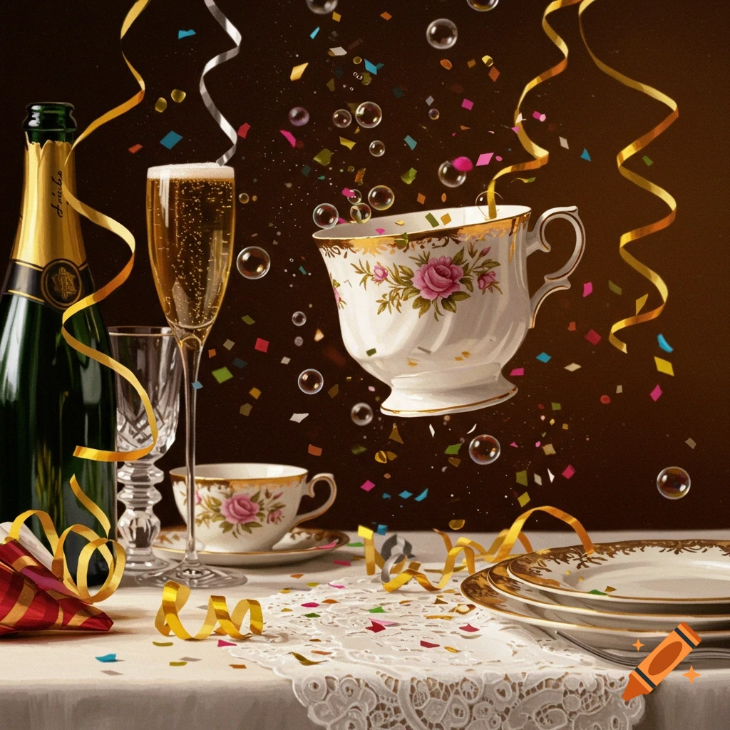 A festive still life with champagne, a glass of bubbly, elegant tea cups, falling confetti, bubbles, and gold ribbons.
