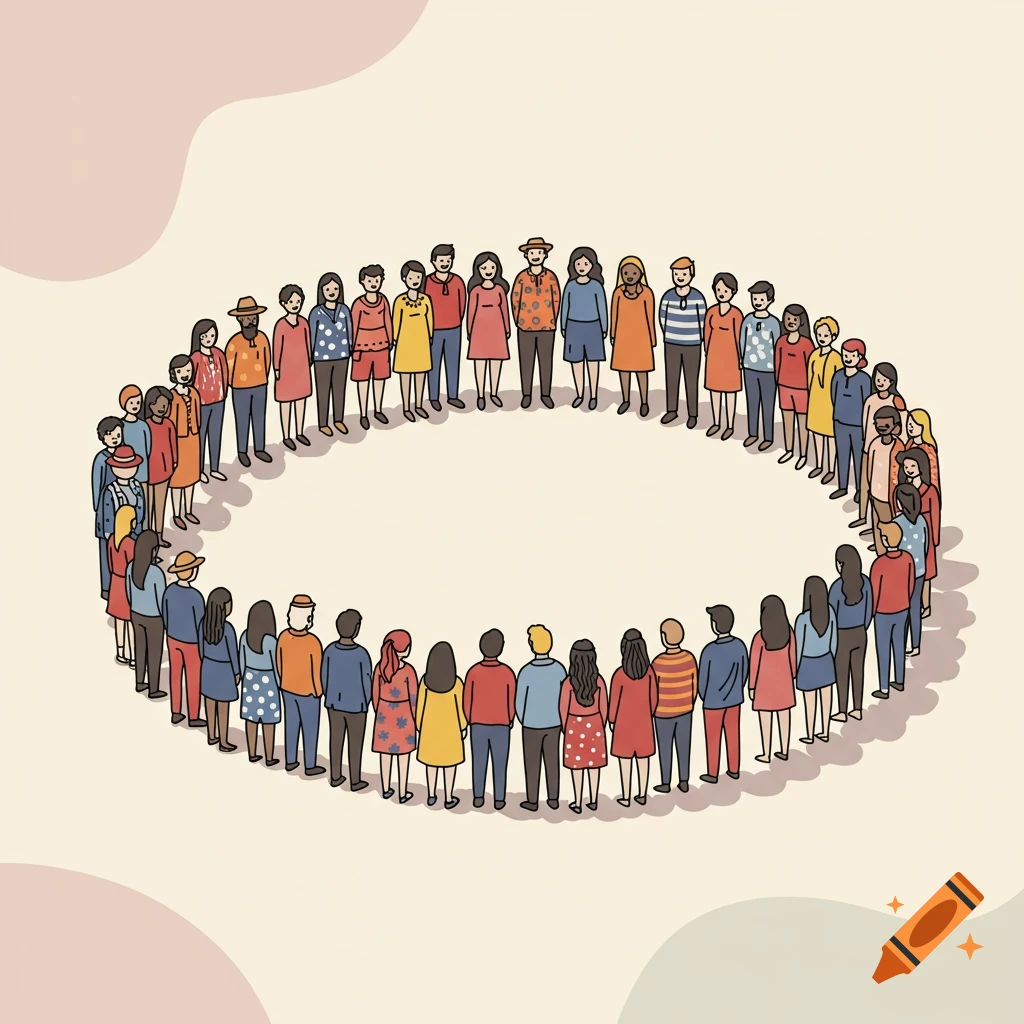A diverse group of cartoonish people standing in a large circle, illustrated on a light background.