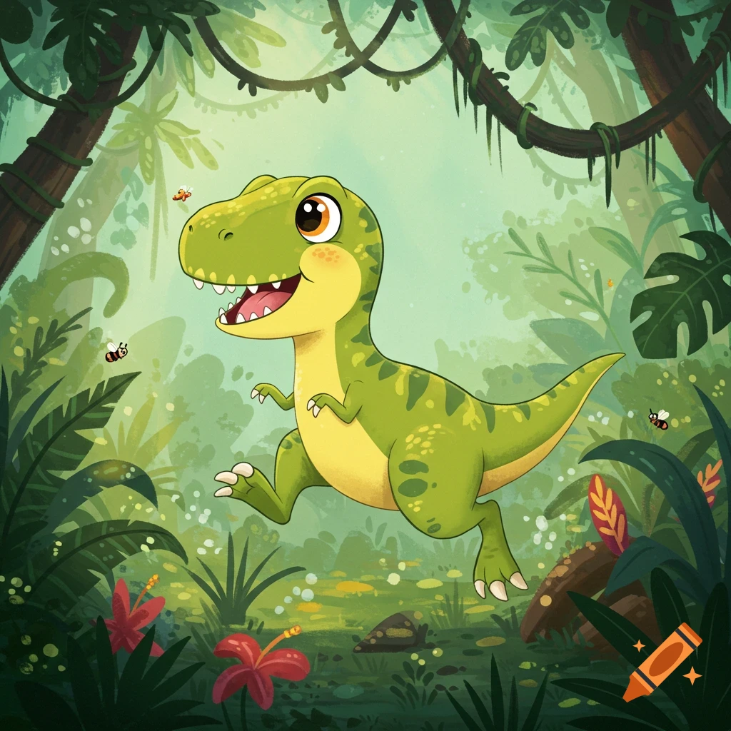 A cute green cartoon tyrannosaurus rex runs happily through a vibrant jungle with red flowers and insects, in a childish illustrative style.