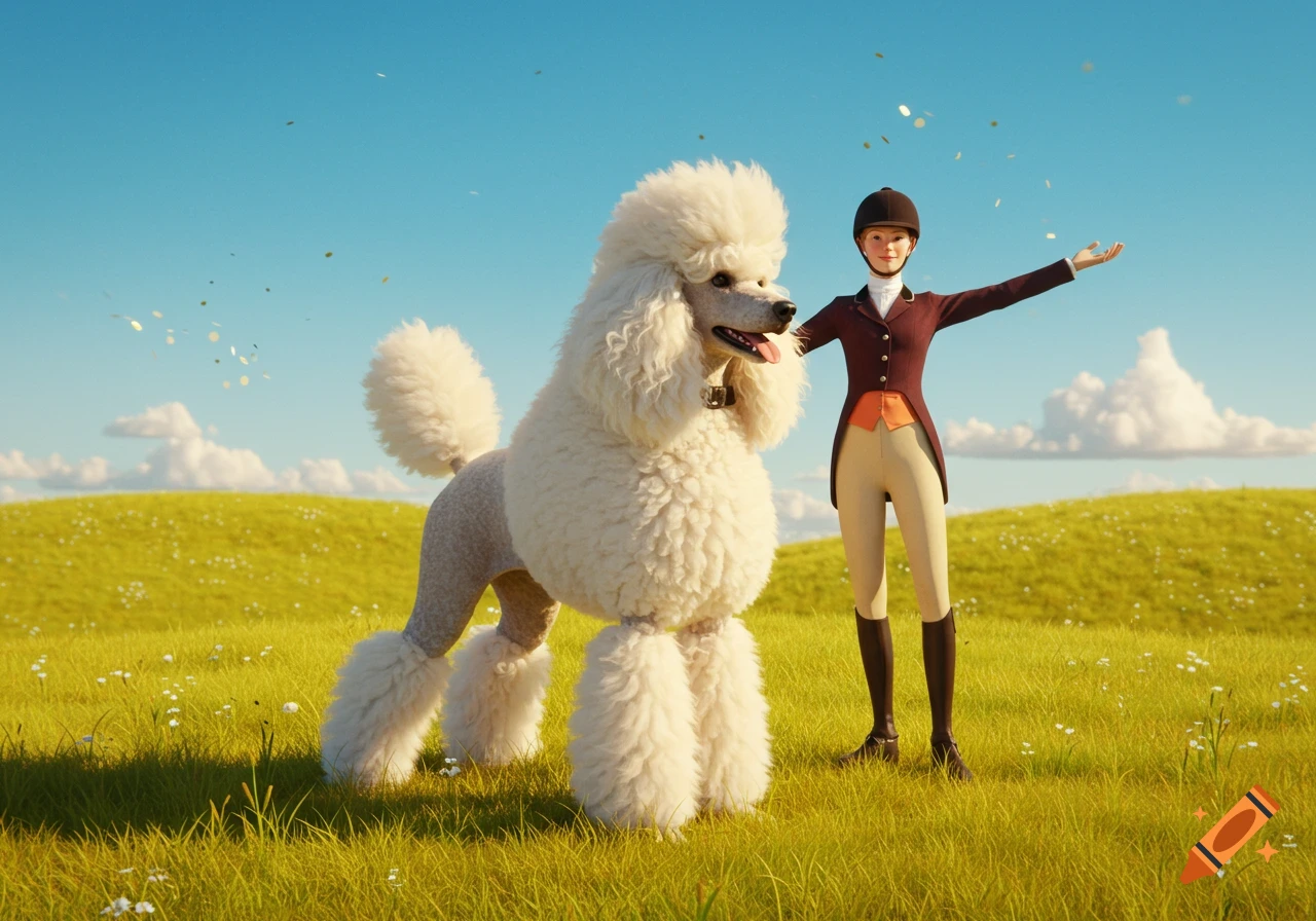 A stylized image of a person in equestrian gear standing next to a large white standard poodle in a grassy field under a blue sky.