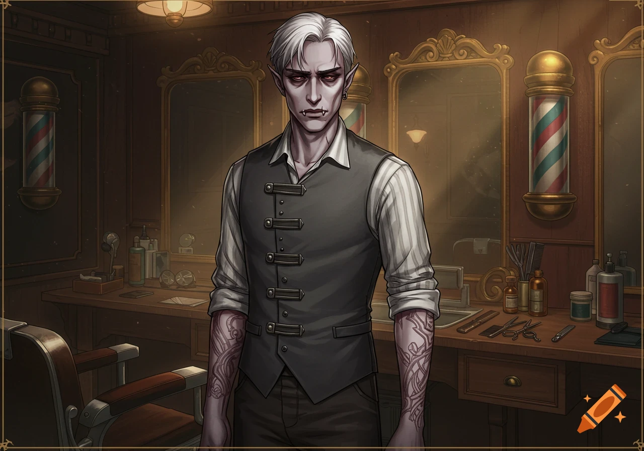 A pale, white-haired dhampir with red eyes and fangs, wearing a vest and striped shirt, stands in a stylized anime-realistic barbershop.