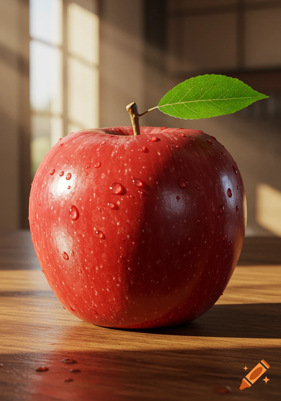 A close-up photorealistic image of a wet red apple with a green leaf on a stem, sitting on a wooden table with sunlight.