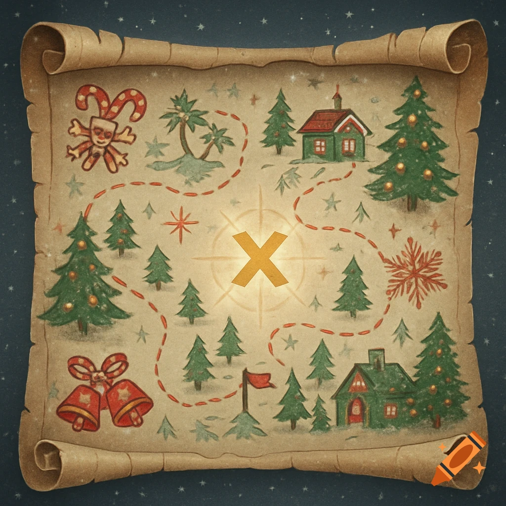 Stylized Christmas treasure map on parchment with an X, trees, houses, palm trees, candy cane skull, and bells.