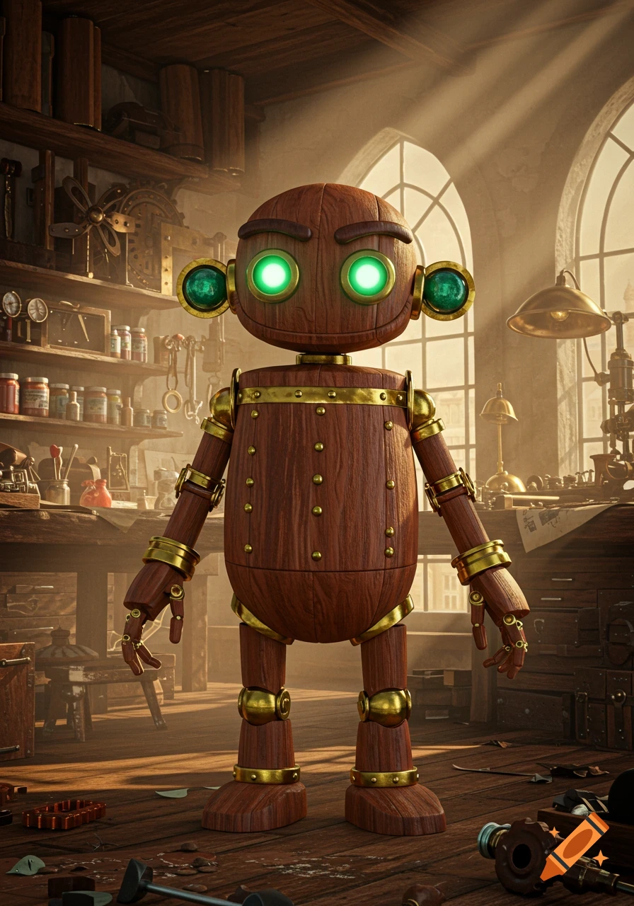 A charming wooden robot with glowing green eyes and brass accents stands in a detailed, sunlit inventor's workshop.