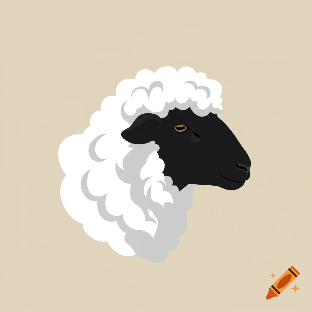 Flat illustration of a black-headed sheep with white wool, shown in profile against a light beige background.