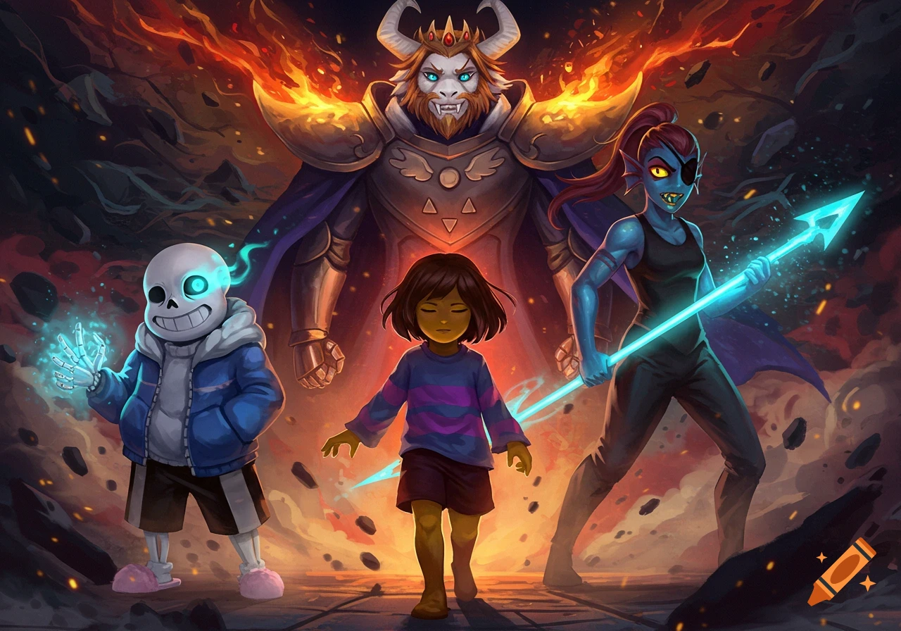Undertale characters Sans, Asgore, Undyne, and Frisk stand dramatically against a fiery, dark background in a stylized digital illustration.