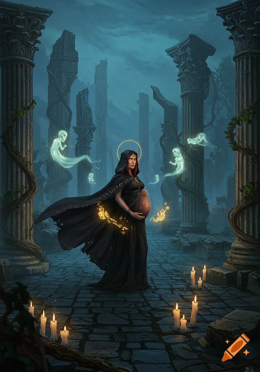 A pregnant witch in a dark cloak and halo stands among ancient ruins, glowing spirits, and lit candles in a dark fantasy art style.