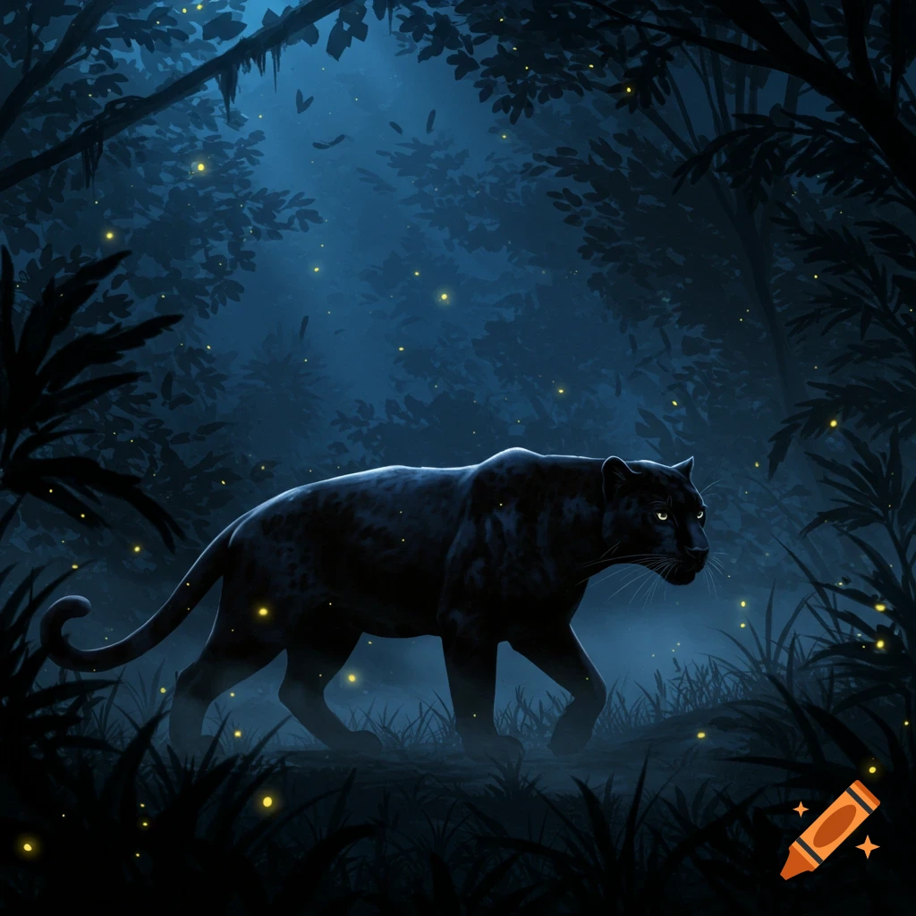 An illustrated black panther walks through a dark, firefly-lit jungle at night.