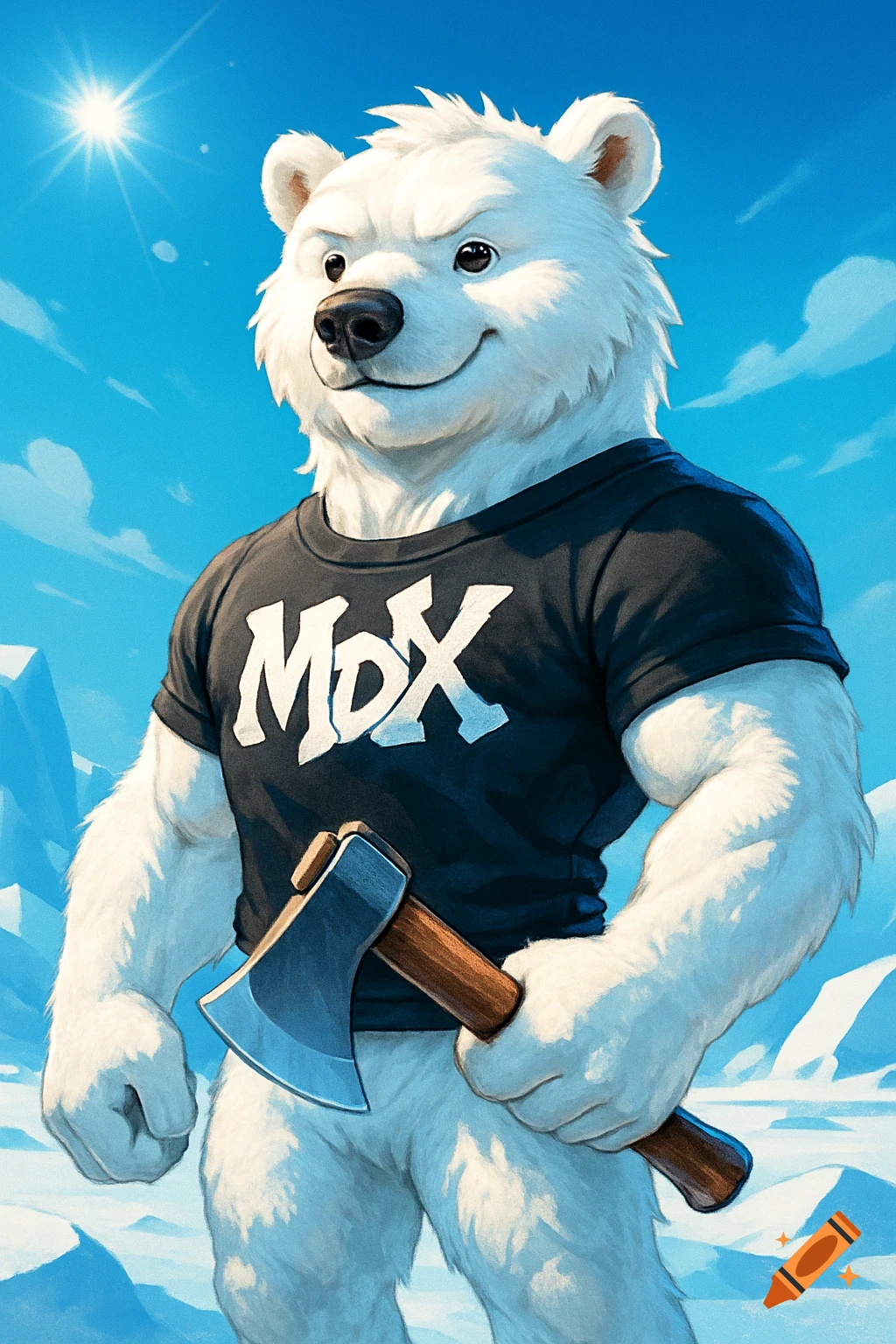 Cartoon anthropomorphic polar bear wearing an 'MDX' t-shirt, holding a hatchet in a snowy landscape under a blue sky.