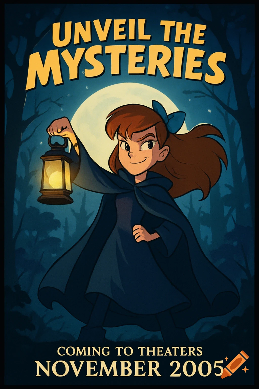 Cartoon movie poster of a girl with a lantern in a dark forest under a full moon, with title 'Unveil the Mysteries'.