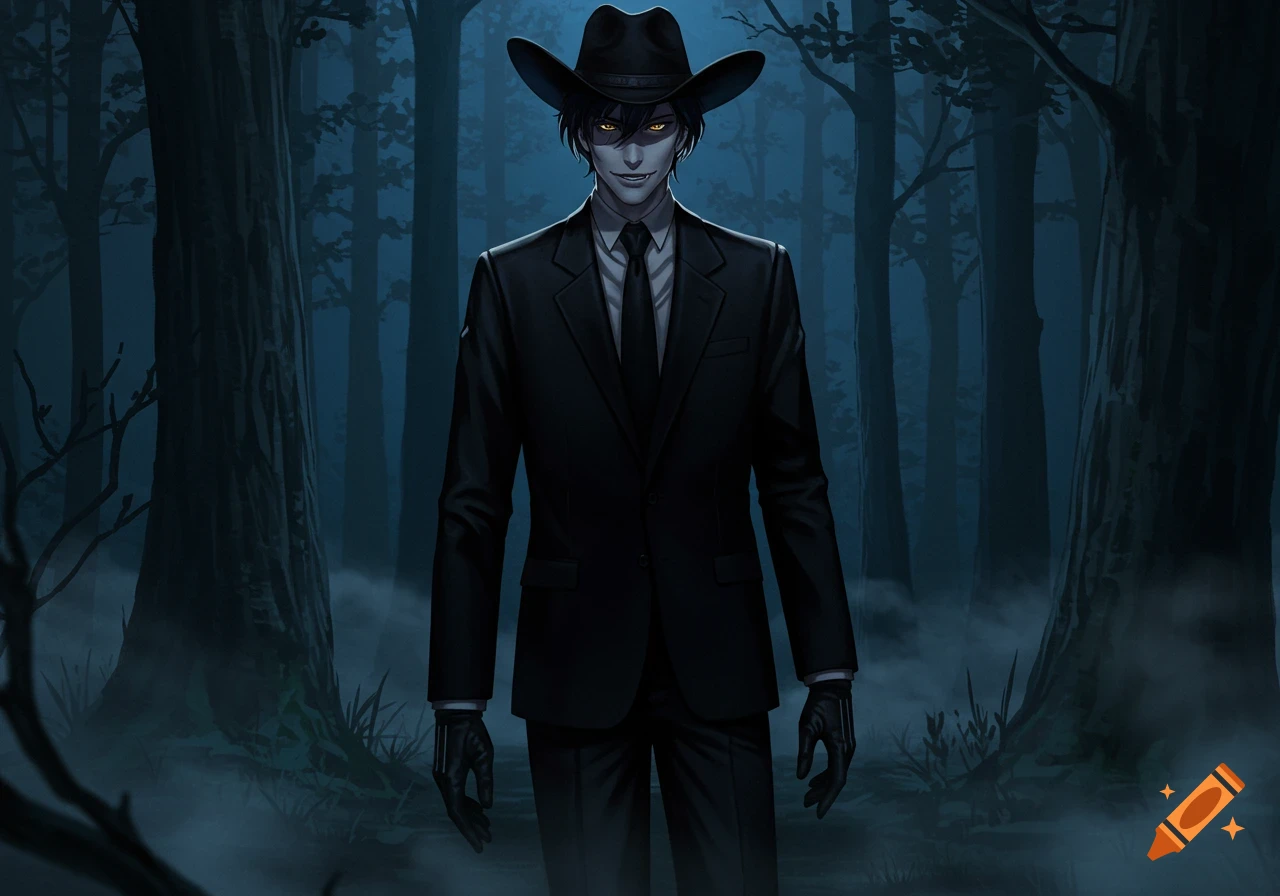Anime male character in a black suit, cowboy hat, with yellow eyes and fangs, smirking in a dark, misty forest at night.