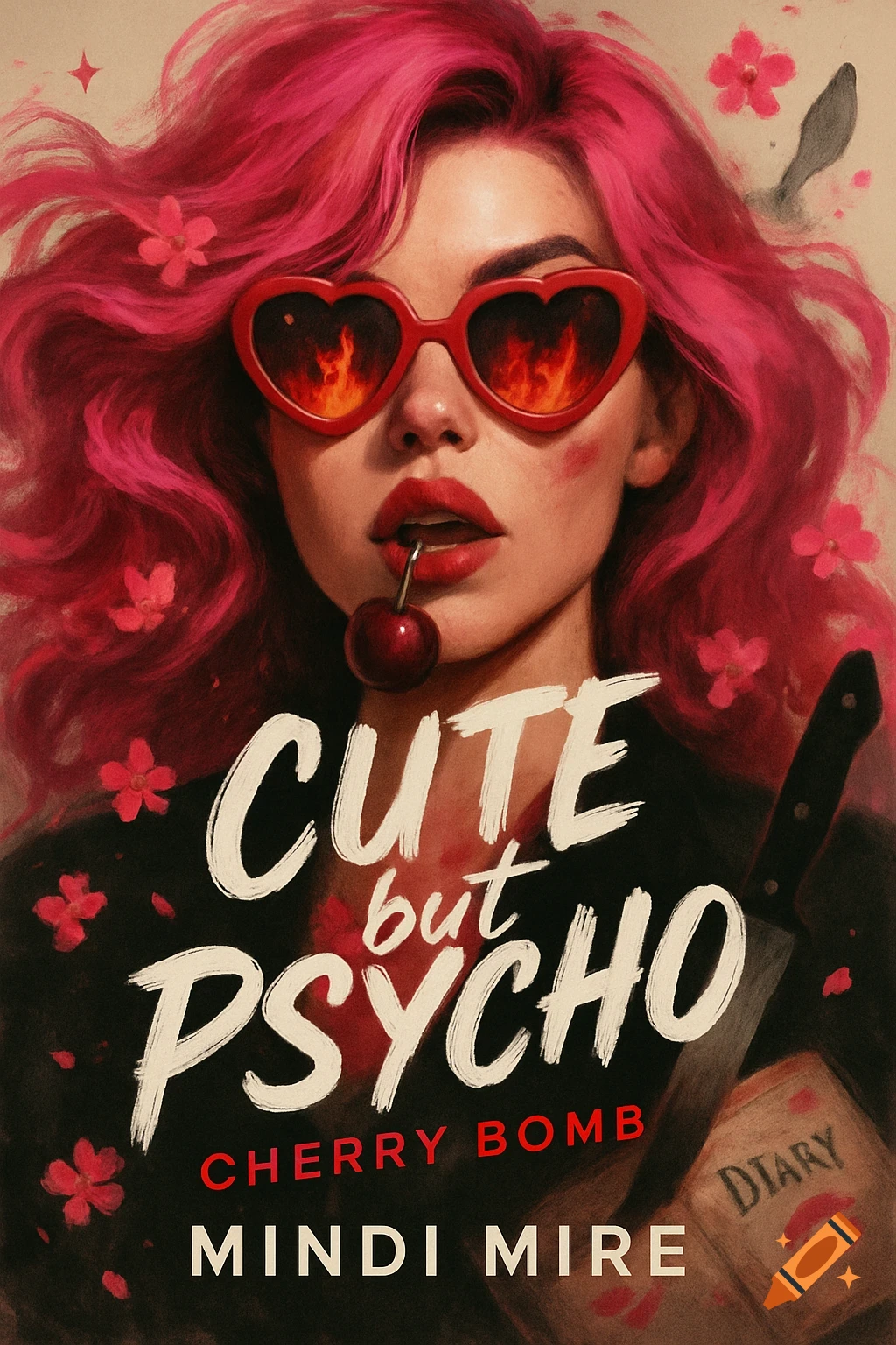 A vibrant book cover featuring a woman with hot pink hair, red heart sunglasses reflecting fire, and a cherry in her mouth. Text reads: "CUTE but PSYCHO, CHERRY BOMB, MINDI MIRE." A knife and diary are visible in the background.