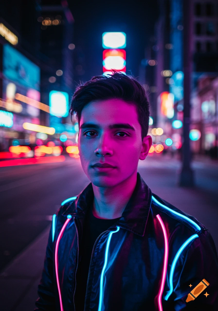 A young man with neon pink and blue light reflections on his face and jacket, standing in a vibrant urban street at night with bokeh lights.