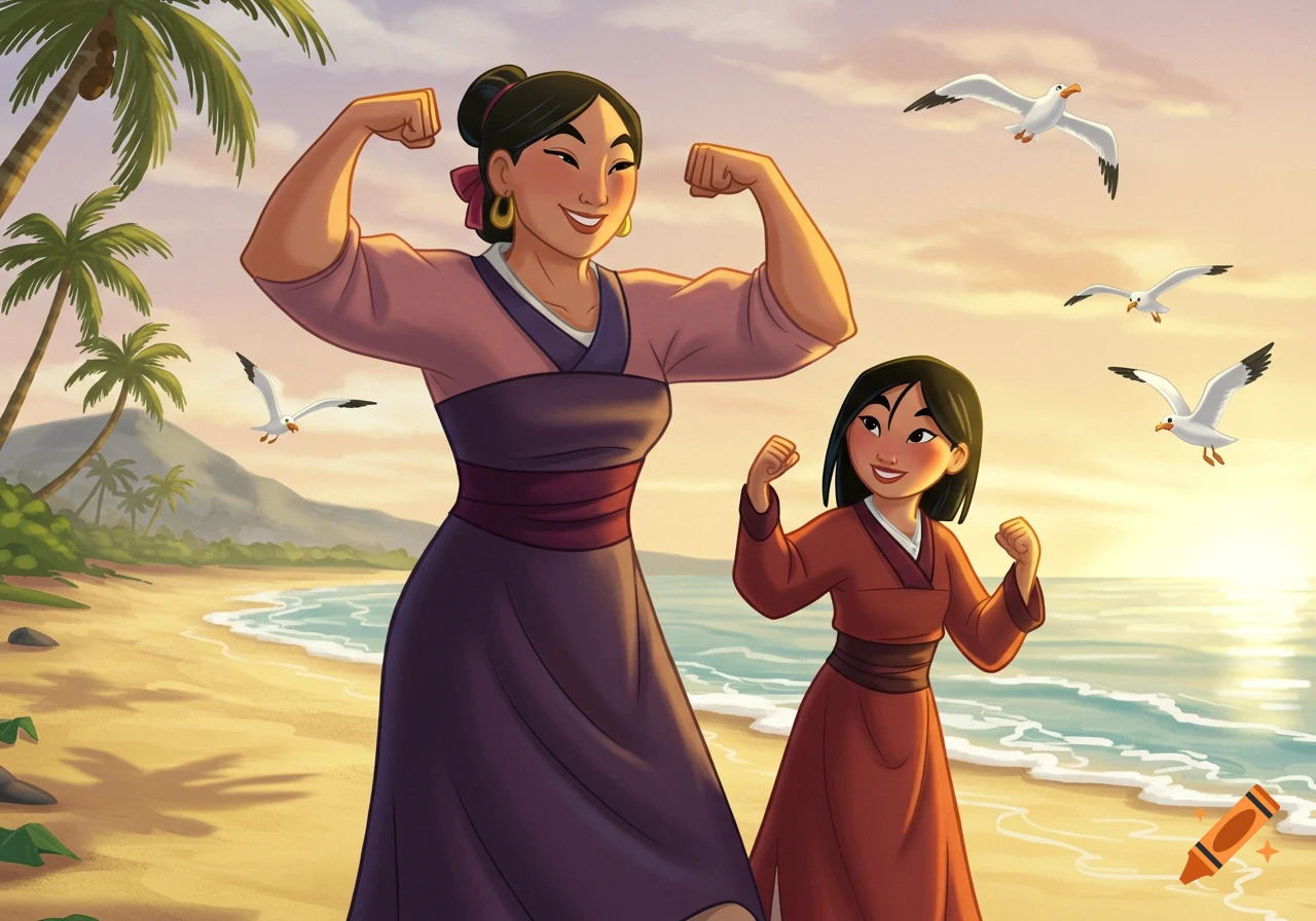 Cartoon of Mulan and her mom flexing muscles on a sandy beach at sunset with palm trees and seagulls.