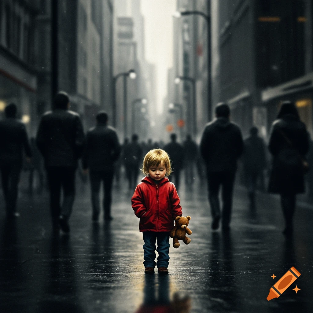 A lonely child in a red jacket holding a teddy bear stands on a wet city street, surrounded by blurry adult figures.