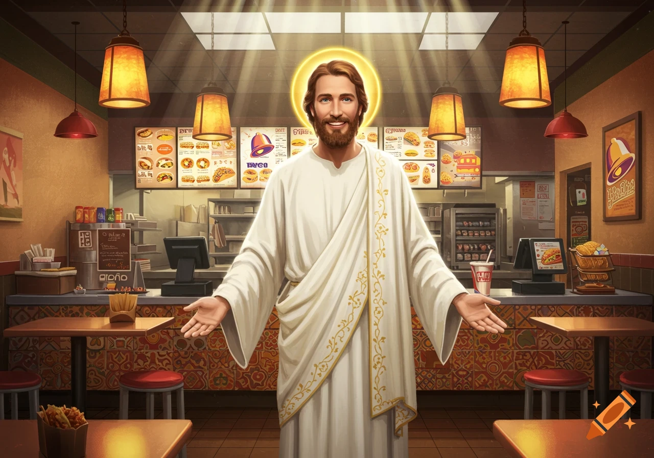 Jesus Christ with a halo stands with open arms inside a brightly lit Taco Bell restaurant.