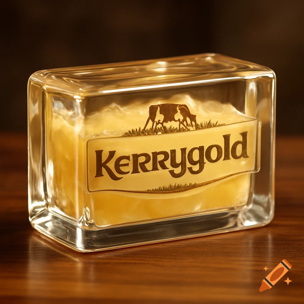 A clear glass container holding a golden Kerrygold butter block, featuring the brand's logo with a cow and "Kerrygold" text in sepia tones, on a wooden surface.