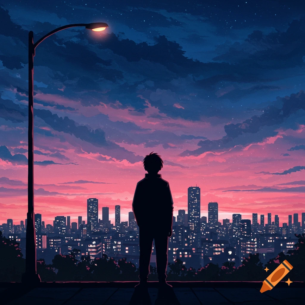 Silhouette of a person standing before a vibrant pink and blue sunset over a city skyline at dusk, in an anime style.