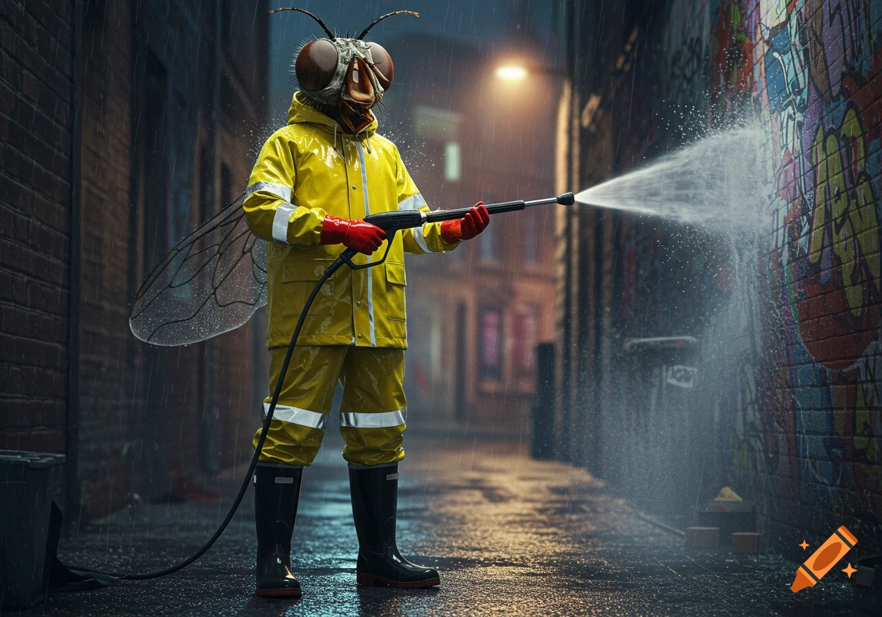 Photorealistic image of a human with a fly head in yellow rain gear, pressure washing colorful graffiti off a wall in a rainy urban alley.