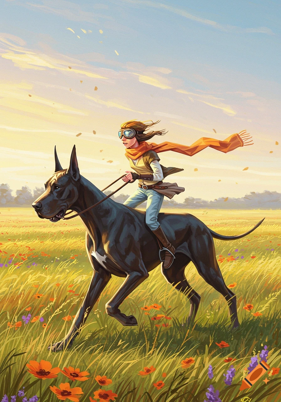 Whimsical illustration of a child with goggles and an orange scarf riding a black Great Dane through a sunny field of wildflowers.