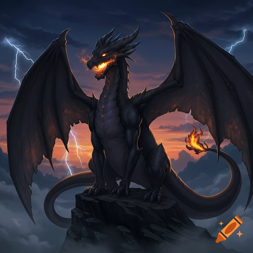 A majestic black dragon sits on a rocky peak, breathing fire from its mouth and tail, against a stormy sunset sky with lightning.