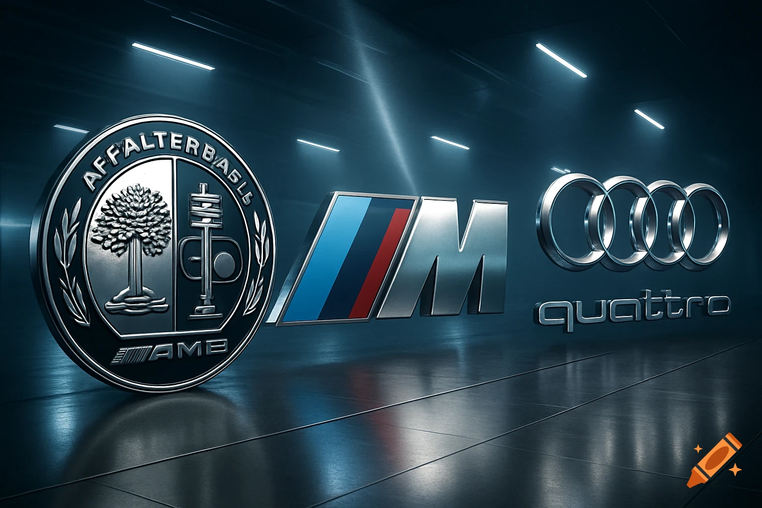 3D metallic logos of AMG, BMW M, and Audi Quattro divisions arranged in a dark, reflective room.