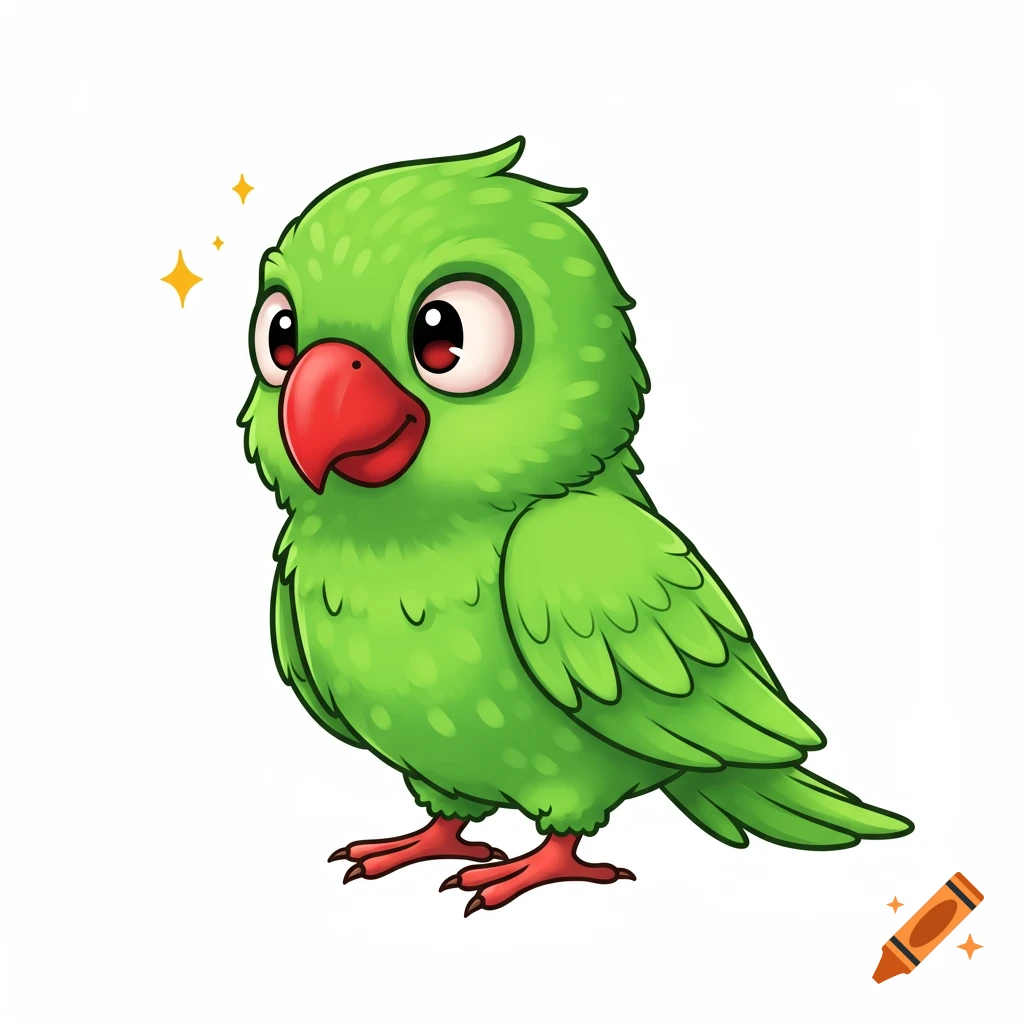 A cute, small cartoon green parrot with mischievous eyes and a red beak looks playfully to the left.