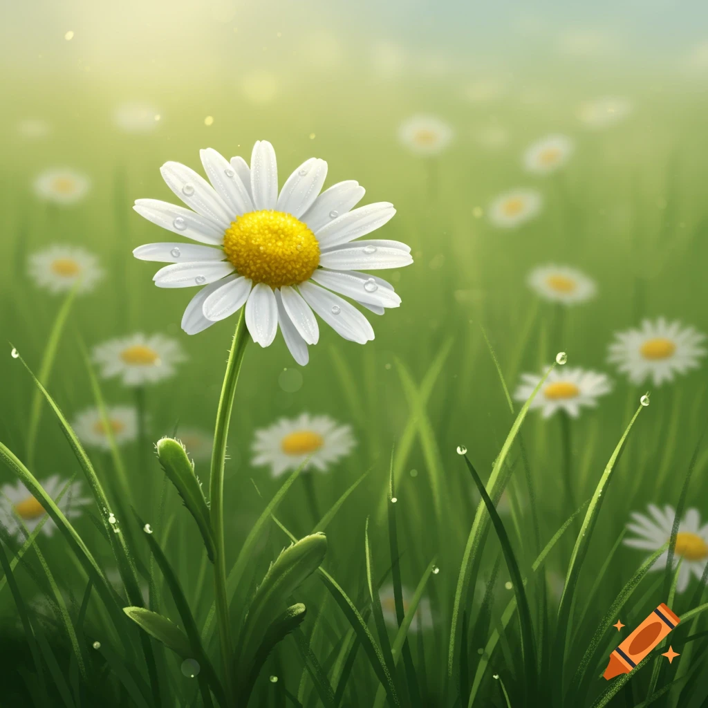 Close-up of a white daisy with dew drops in a vibrant green field with blurred background daisies, soft focus style.