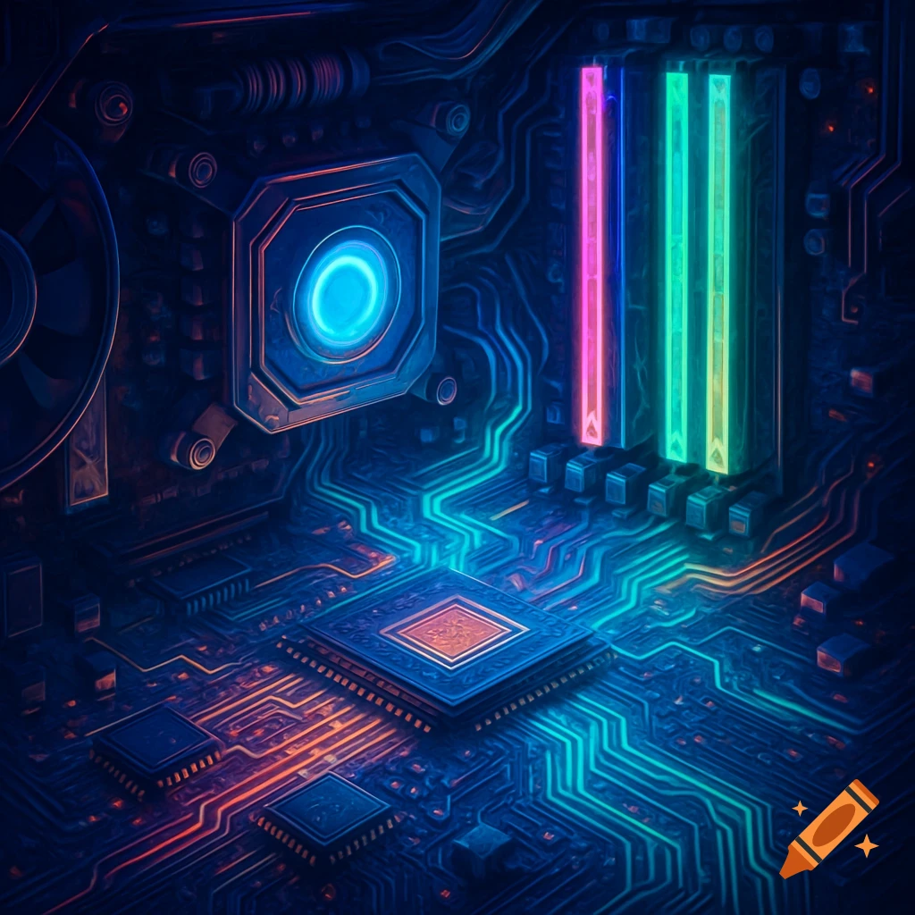 Stylized, glowing computer interior with a CPU, RAM sticks, and circuit board in blue, green, pink, and orange neon lights.
