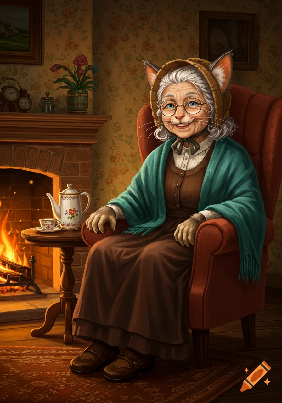 An illustration of an elderly cat-woman sitting in a red armchair by a fireplace in a cozy room.