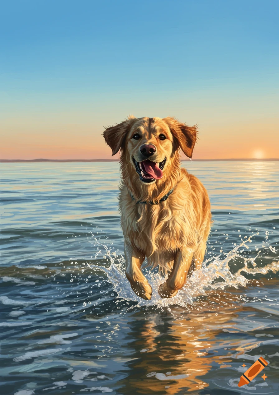 A happy Golden Retriever dog runs and splashes in the ocean at sunset, water spraying around it.