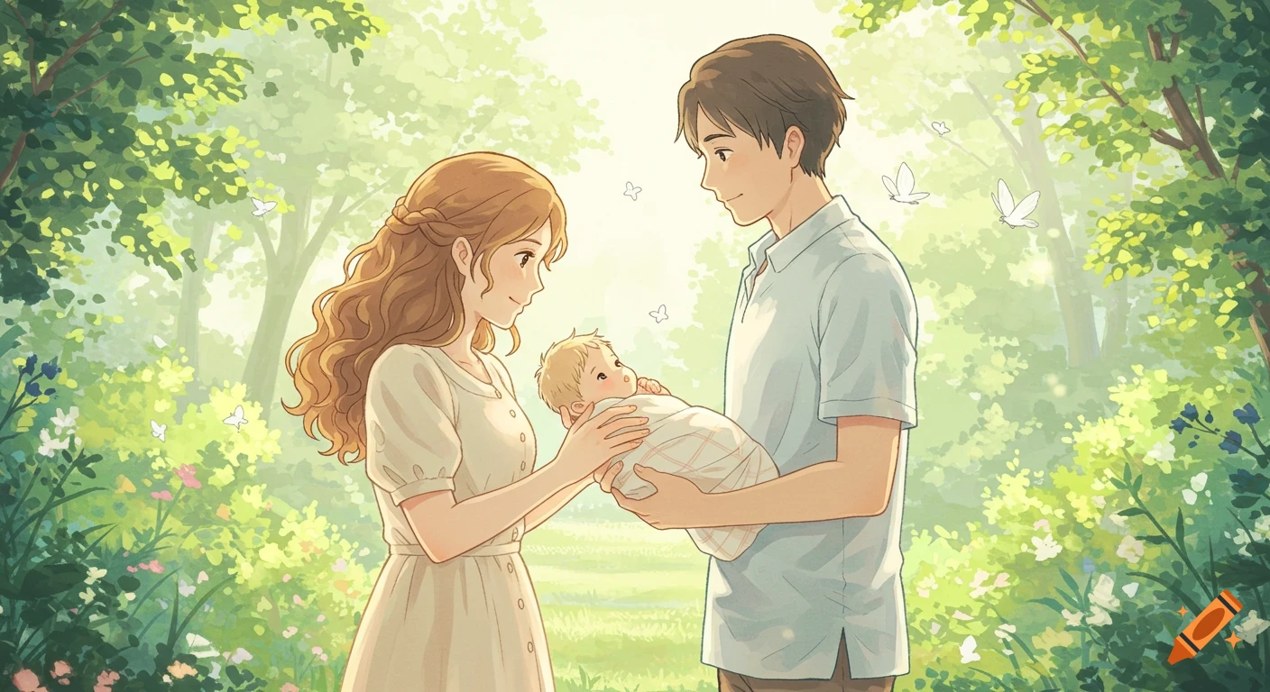 A Miyazaki-style anime illustration of a mother and father lovingly holding their newborn baby in a lush green garden with butterflies.