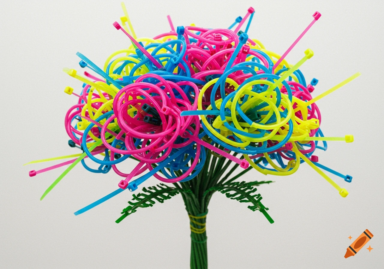 A vibrant bouquet crafted from tangled pink, blue, and yellow zip ties with a green stem and leaves, against a white background.