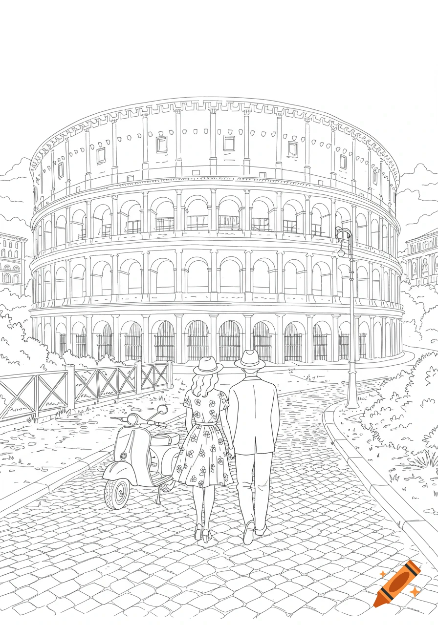 Line art drawing of a couple from behind, holding hands and walking on a cobblestone street towards the Colosseum, with a Vespa.