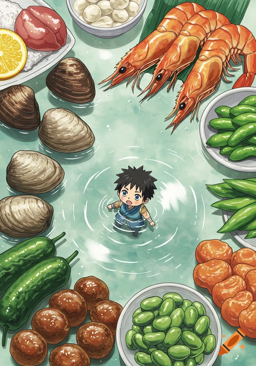 Anime-style top-down view of a small character in water, surrounded by clams, shrimp, edamame, and other food.