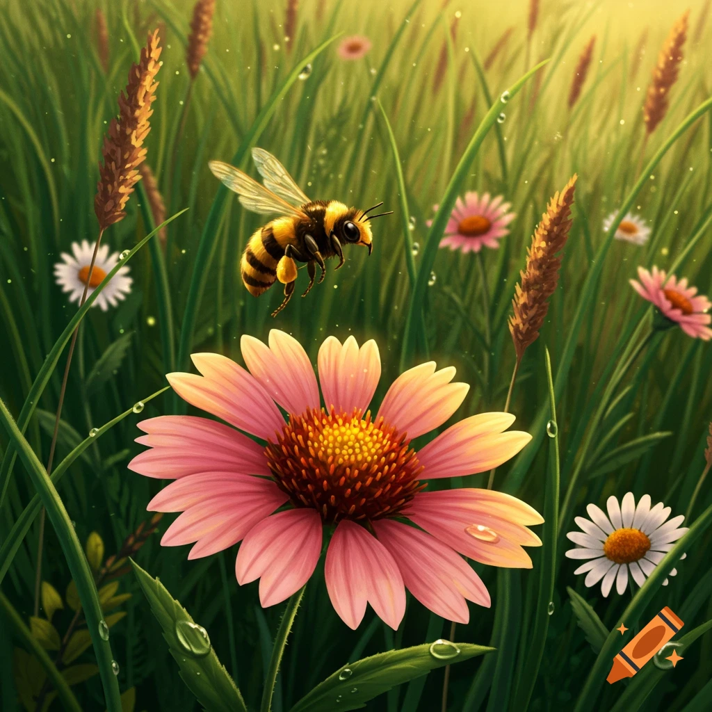 A detailed illustration of a bumblebee flying towards a pink and yellow flower in a grassy field with dew drops.